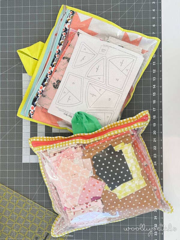 Project bags and pouches for sewing and crafts stored on grid mat