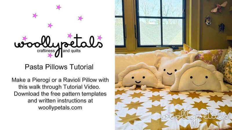 Woollypetals Pasta Pillows tutorial showing three cream-colored pierogi and ravioli pillows with embroidered faces on a gold star bedding