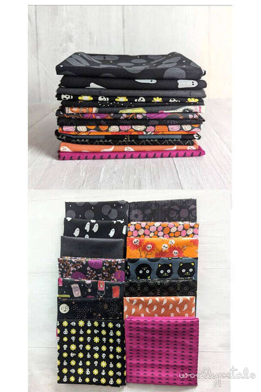Ghost Party quilt kits with Halloween-themed fabric in black, orange, and pink