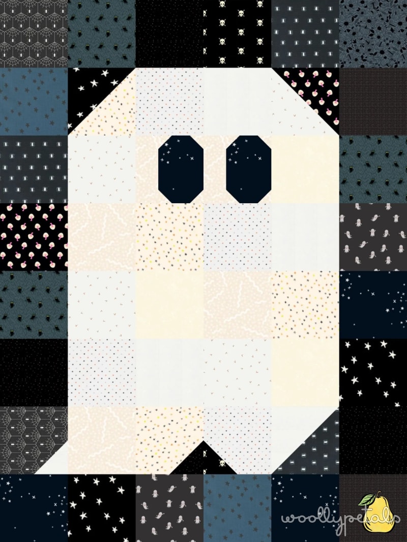 Woollypetals Ghost Party quilt pattern kit with Halloween-themed fabric squares
