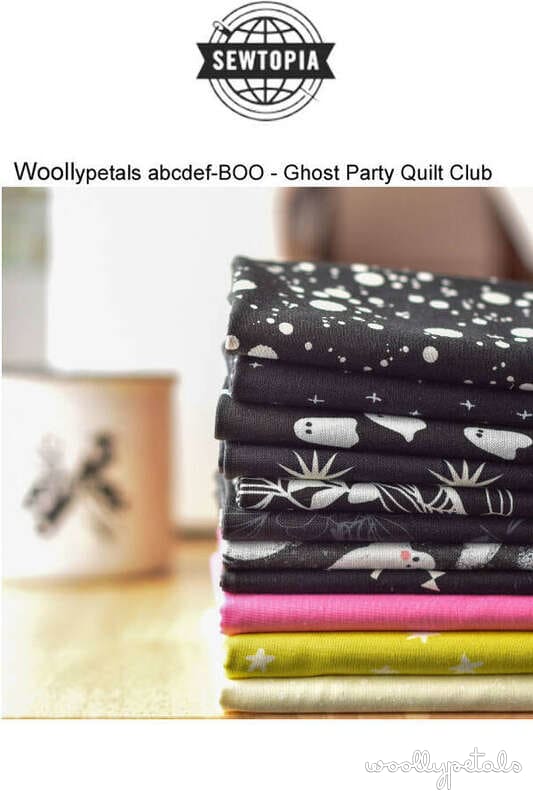 Woollypetals Ghost Party quilt kit fabrics in black, pink, and chartreuse