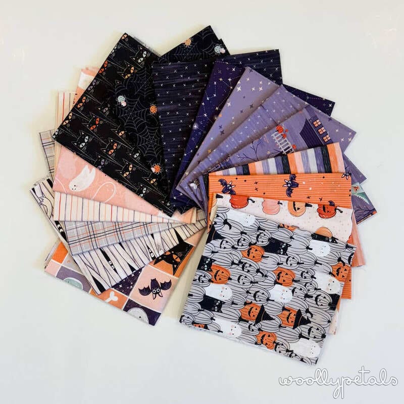 Woollypetals Ghost Party fabric bundle in Halloween colors and prints