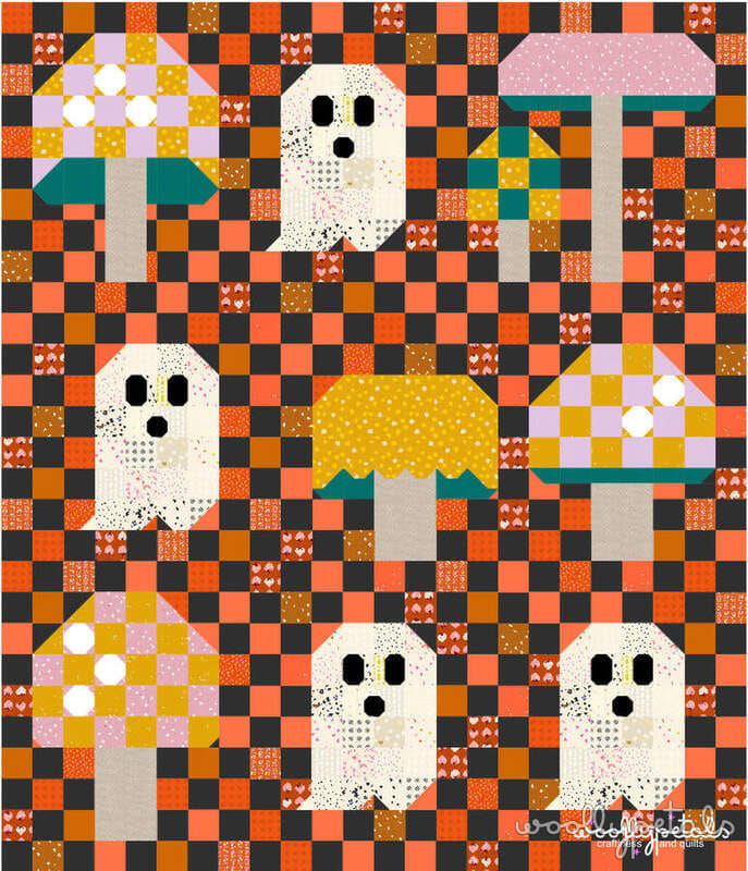 Woollypetals Ghost Party quilt with white ghosts and colorful checkered blocks