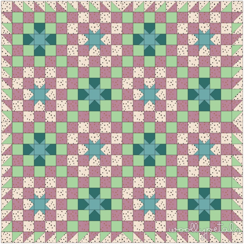 Woollypetals New Star Quilt in mauve, green, and cream fabrics