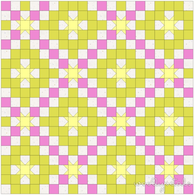 New Star Quilt Pattern mock-up in pink, yellow, and white