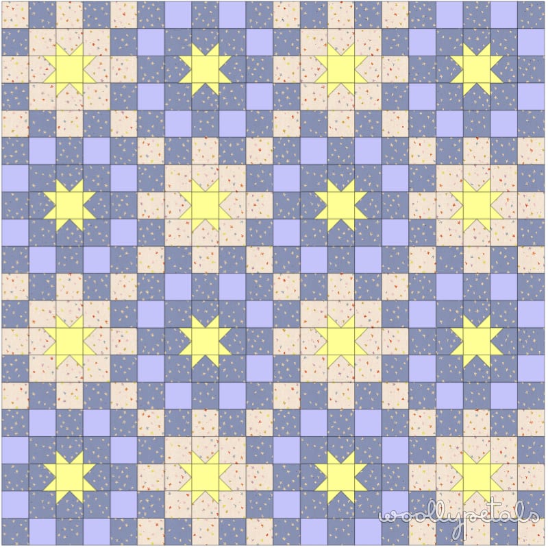 Woollypetals New Star Quilt in blue, cream, and yellow fabrics