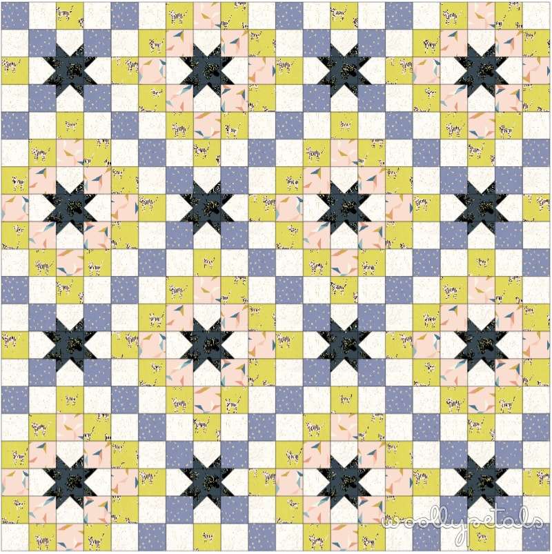 Woollypetals New Star Quilt in yellow, blue, and cream fabrics