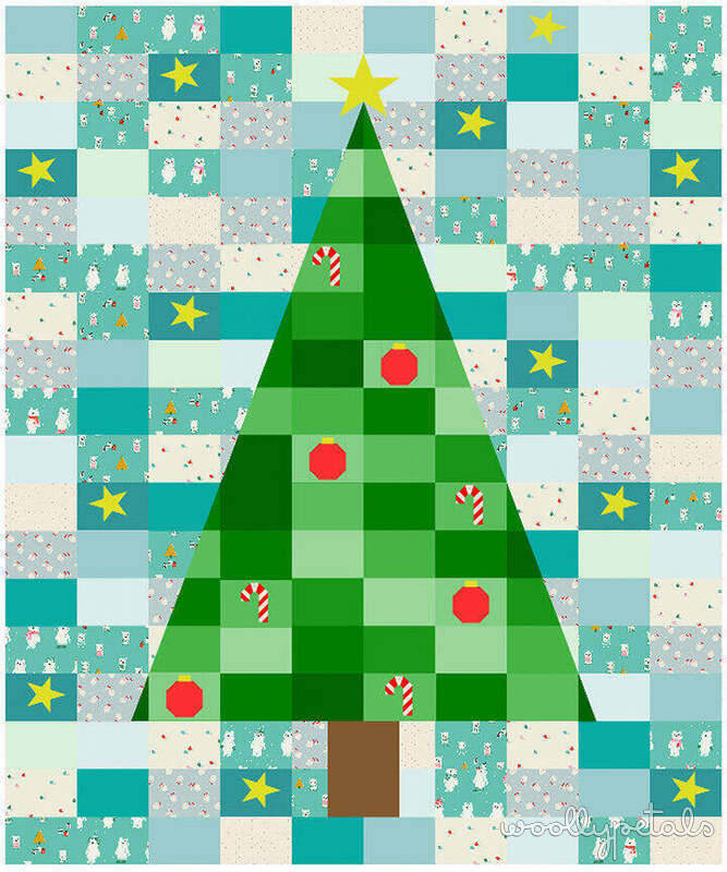 Woollypetals Oh Christmas Tree quilt with green tree, ornaments, and patchwork background