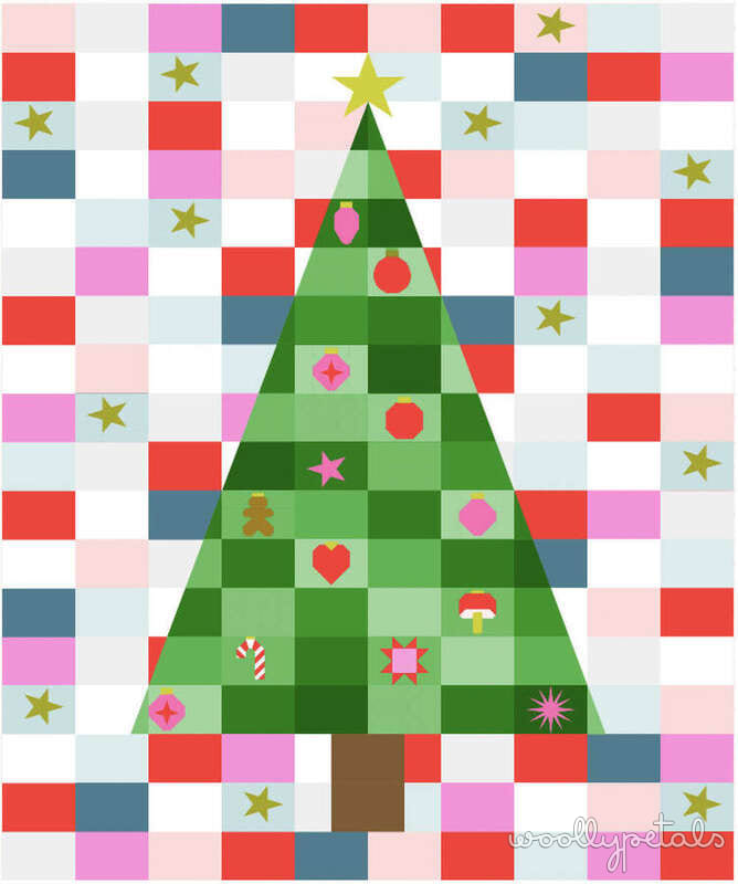 Woollypetals Oh Christmas Tree quilt with green tree, colorful ornaments, and patchwork background
