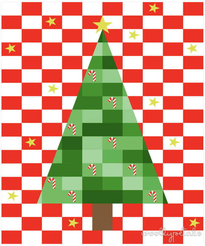 Woollypetals Oh Christmas Tree quilt pattern with green tree, candy canes, and stars