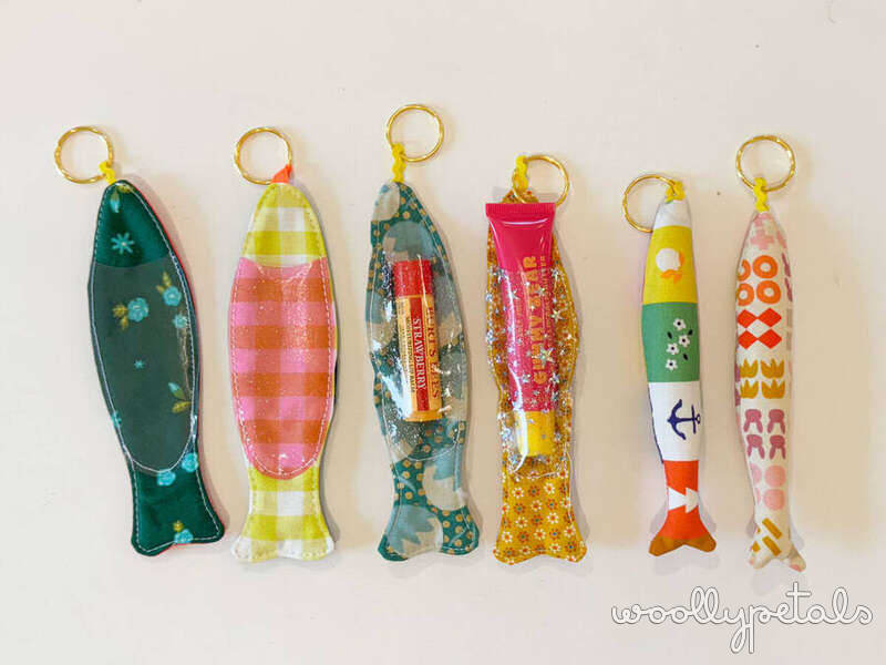 Woollypetals Sardine Bag Charm Tutorial in six colorful fabric designs