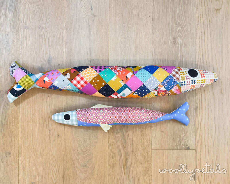 Woollypetals Sardine Pillow in patchwork and solid fabrics