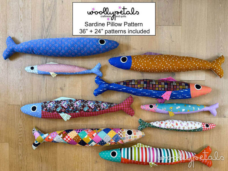 Woollypetals Sardine Pillow Pattern in various fabric prints and colors
