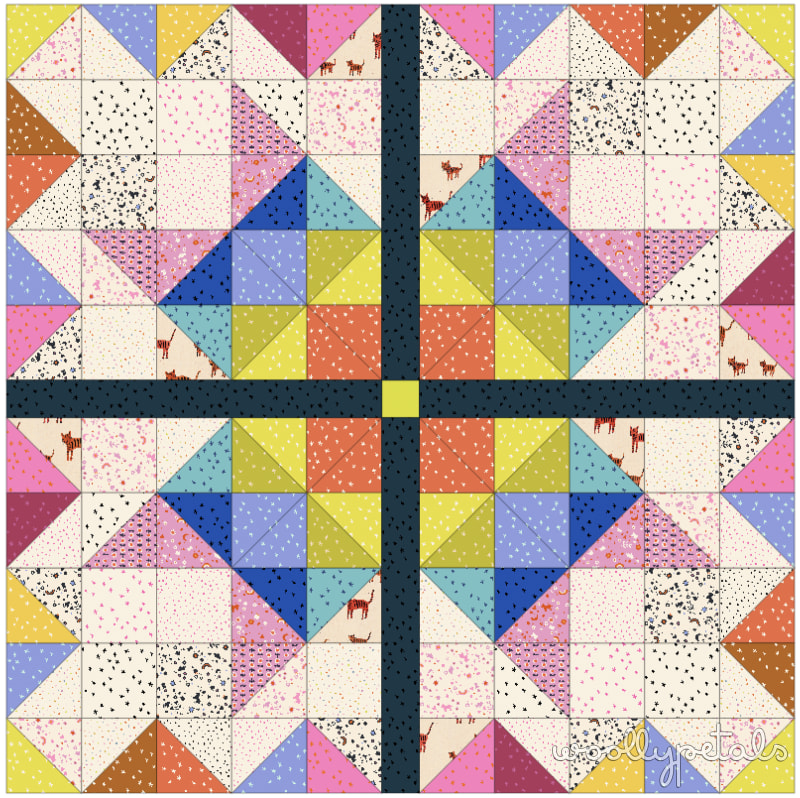 Woollypetals Starfy quilt in multicolored prismatic sawtooth star pattern