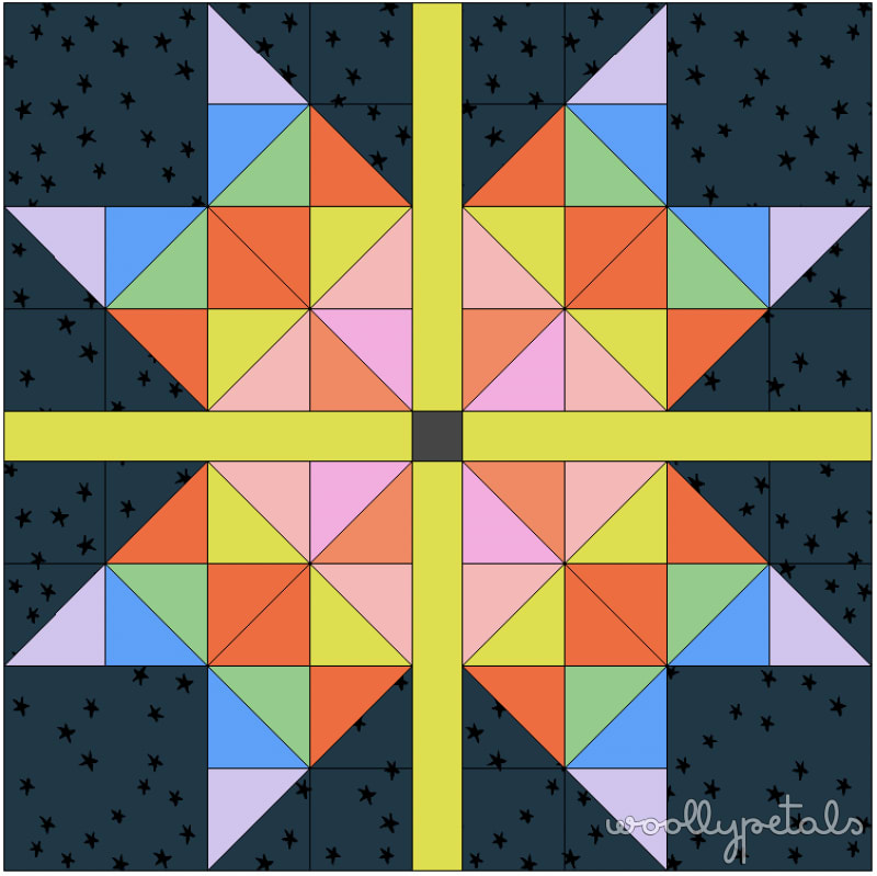 Woollypetals Starfy quilt with giant sawtooth star and HST border
