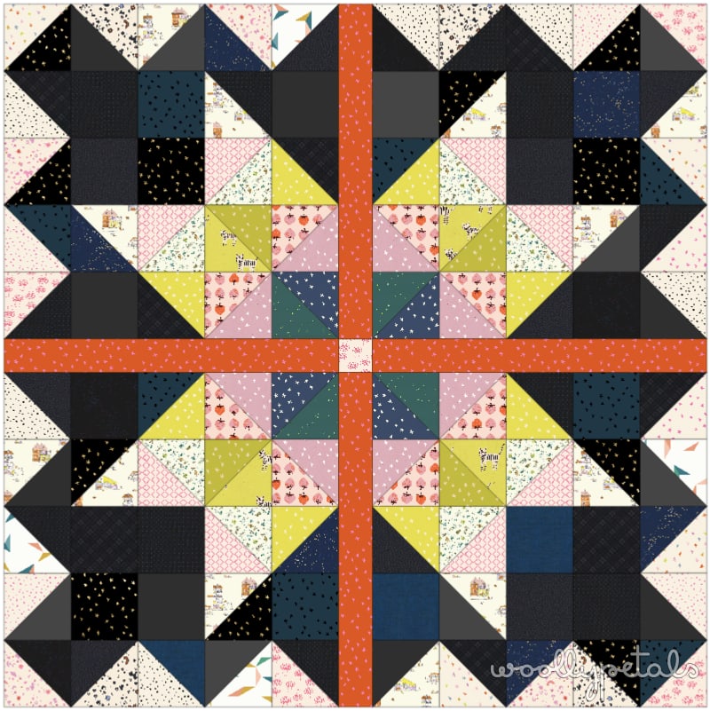 Woollypetals Starfy quilt pattern featuring giant sawtooth star with orange border