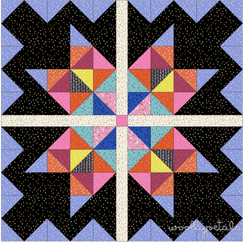 Woollypetals Starfy quilt with giant sawtooth star in prismatic colors