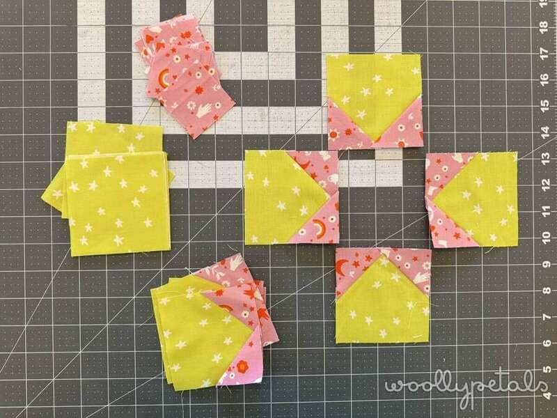 Woollypetals New Star quilt Stitch'N'Flip technique demonstration with yellow and pink fabric squares