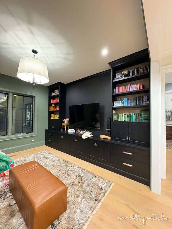 Modern family room with black built-in cabinetry, TV, and bookshelves