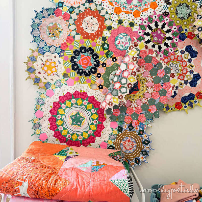 Colorful hexagon flower design board wall with patchwork fabric pieces