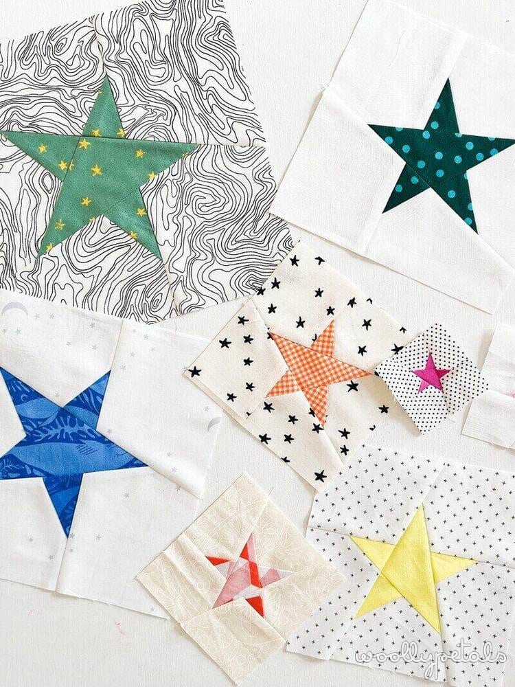 Woollypetals To the Stars FPP Pack featuring colorful fabric stars on white backgrounds