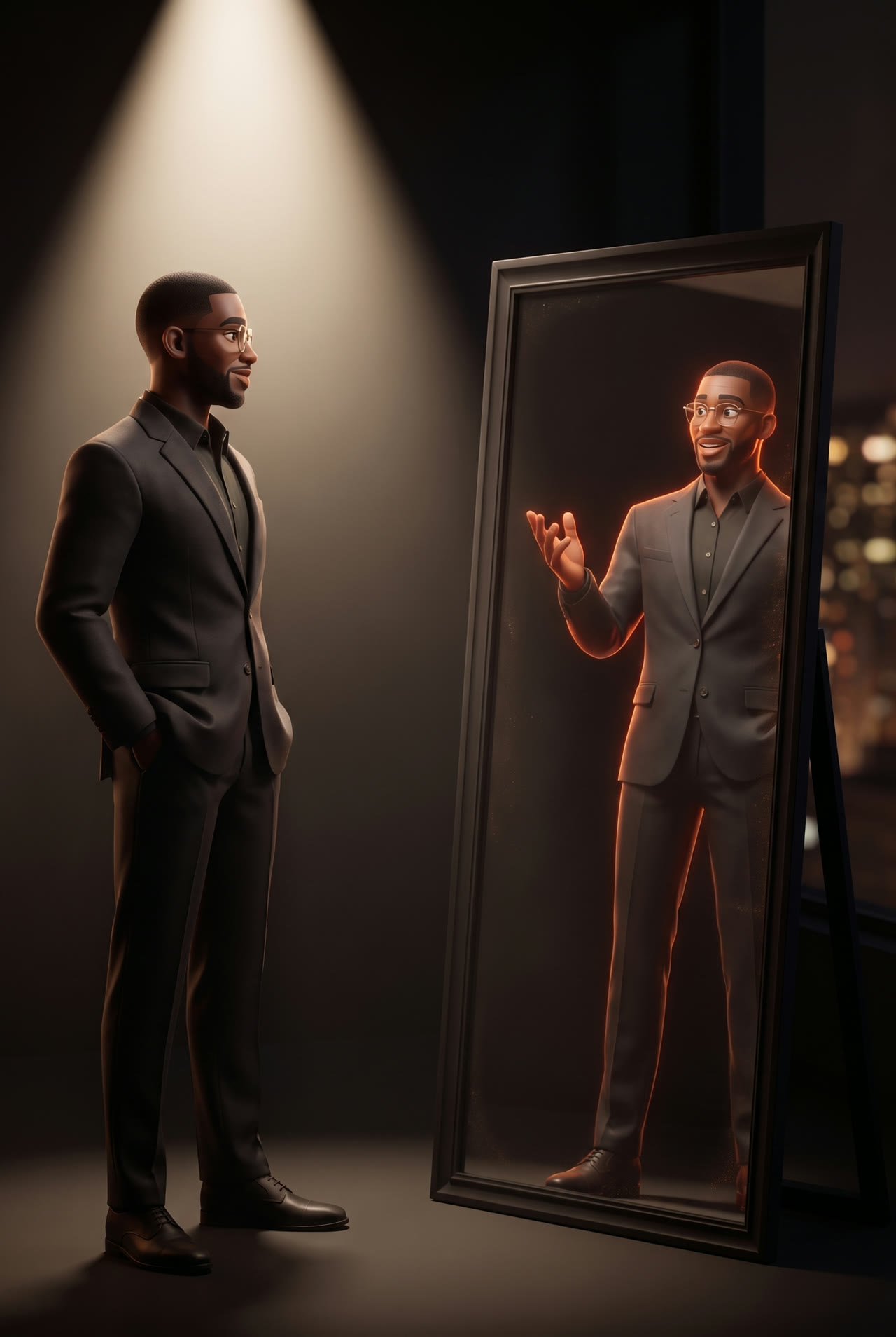 A founder stands still while his identical AI twin in the mirror is mid-conversation with a customer
