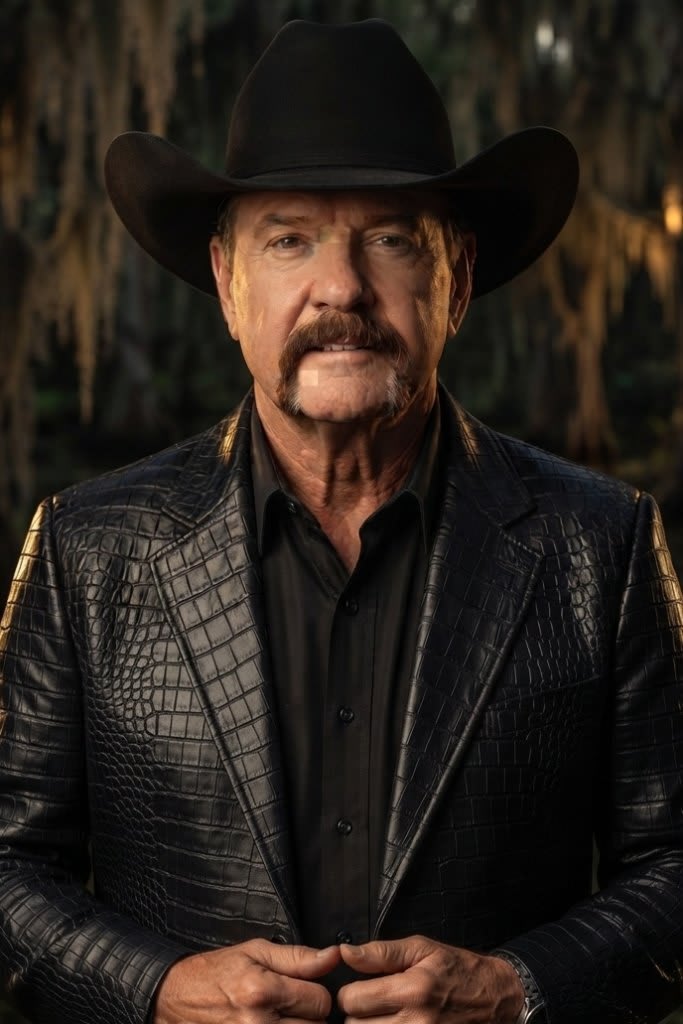 The Legend — the photoreal live avatar of Alligator Ron in a black hat and alligator jacket, cypress swamp behind him