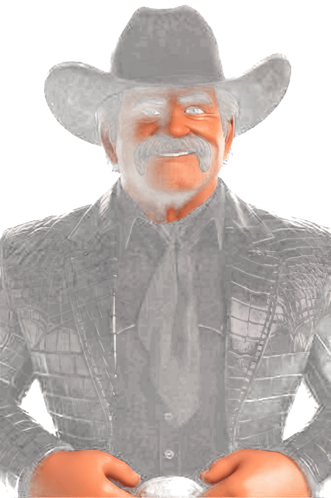 Toon Ron — the animated live avatar of Alligator Ron, hands on his belt buckle