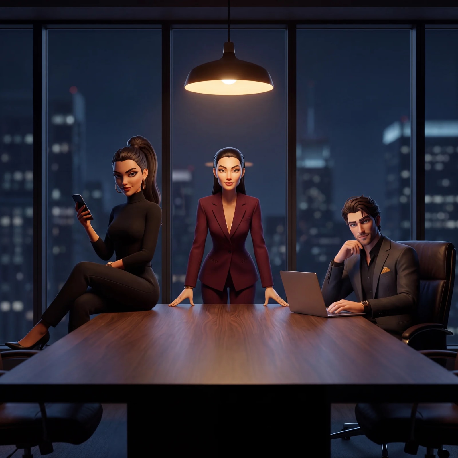 Three Laiber AI employees working in a boardroom at 3 AM, city skyline behind them