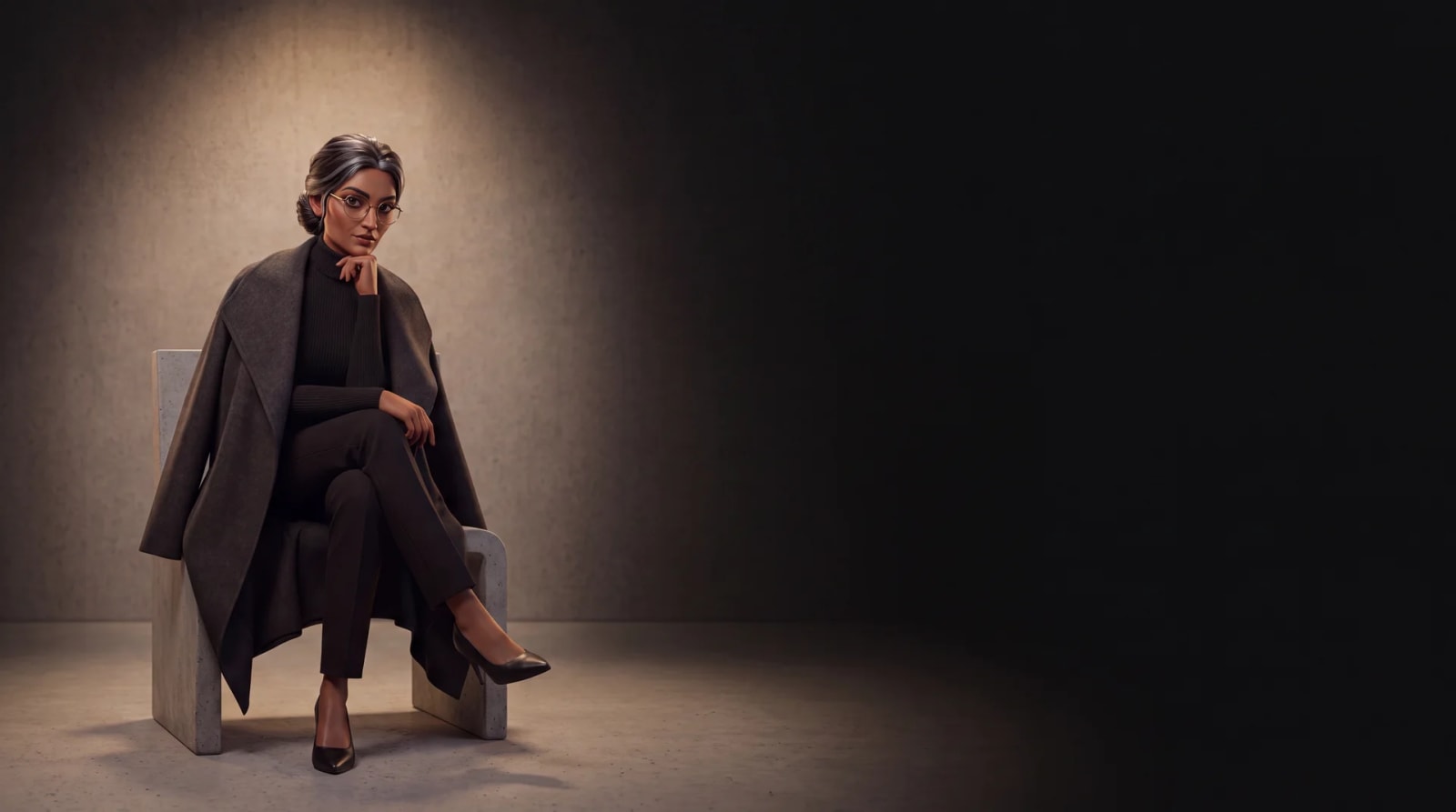 Neha, the AI Business Advisor, seated under a spotlight