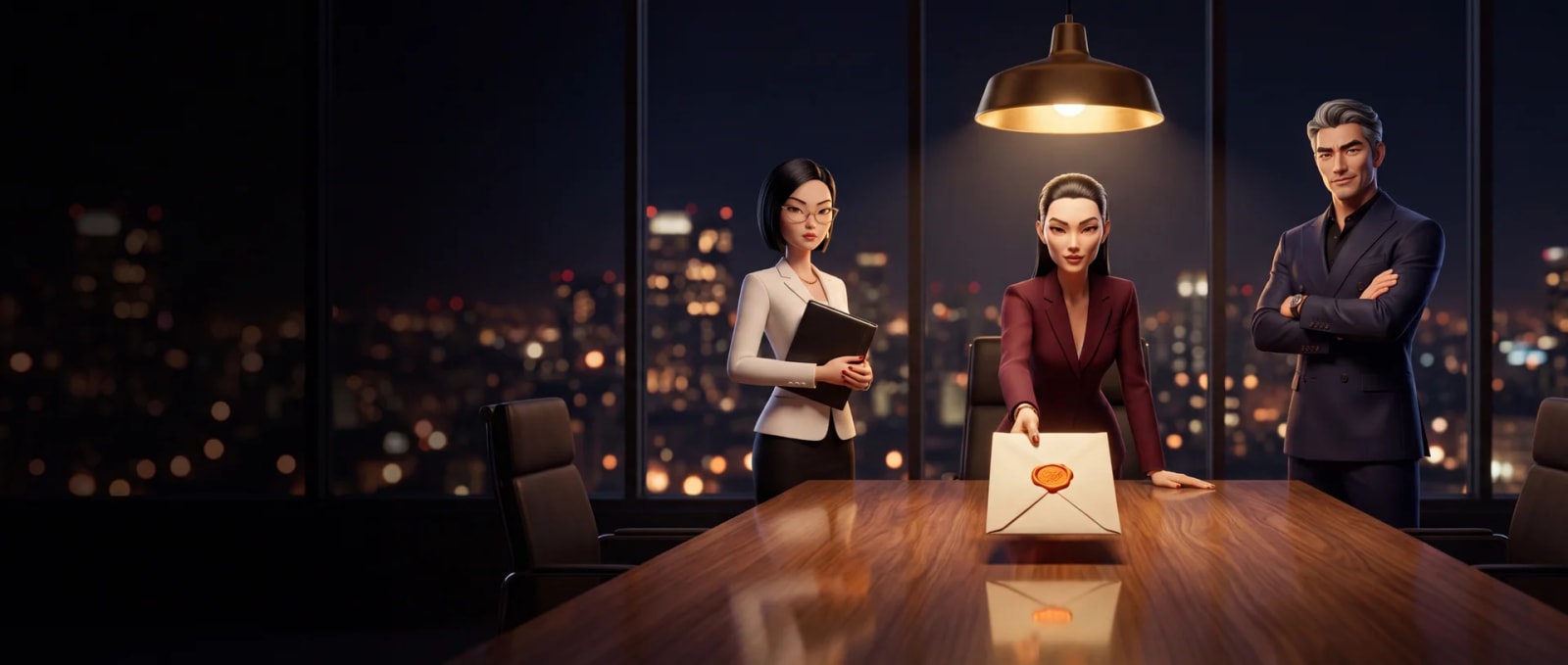 Mia slides a wax-sealed envelope, your cut, across the boardroom table while Karen and Dennis look on