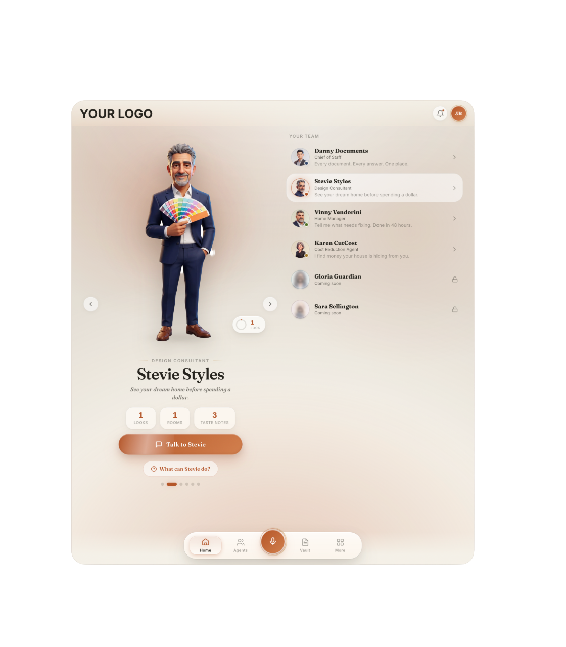 White-labeled One Home app showing an agent profile screen under your brand