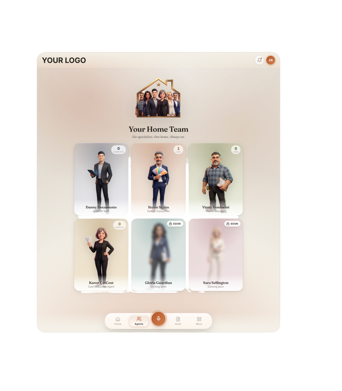 White-labeled One Home app showing the full six-agent home team under your brand