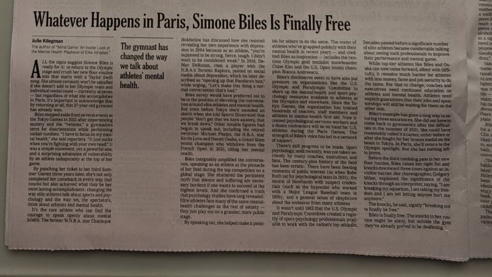 A New York Times print article with the headline Whatever Happens in Paris, Simone Biles Is Finally Free