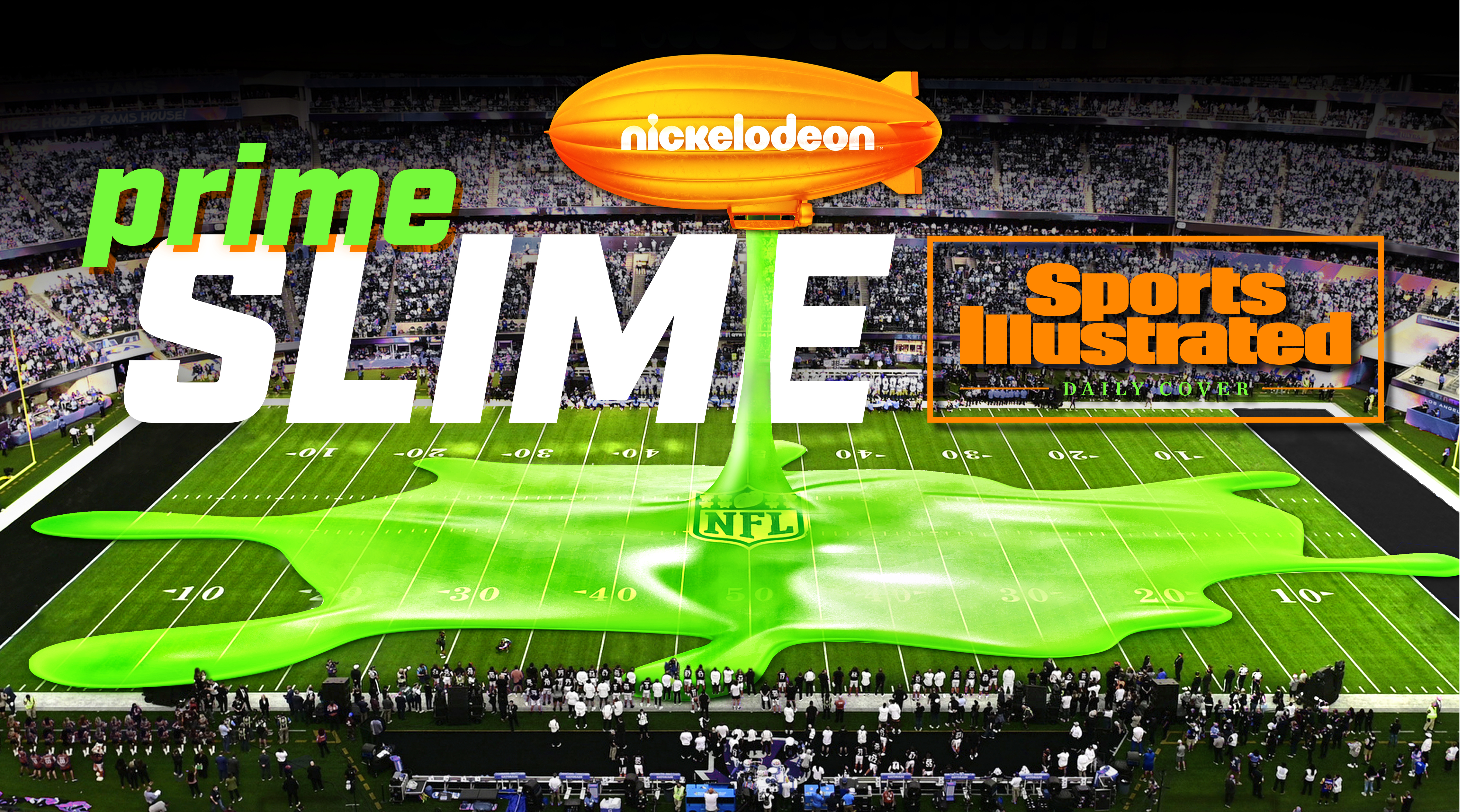 A Sports Illustrated daily cover with the text “Prime Slime.” It is a Nickelodeon blimp dropping slime onto an NFL field.