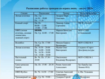 Расписание спортивных секций в Марксе и районе в летний период