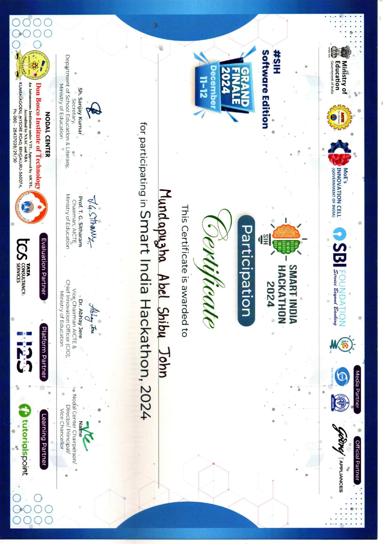 Smart India Hackathon Certificate