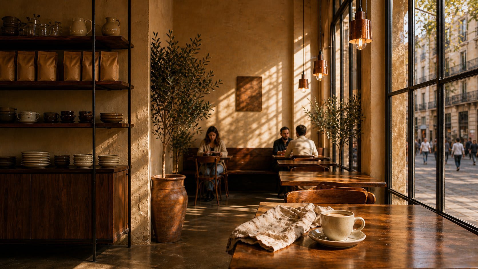 Sunlit Barcelona café interior with espresso bar and street view.