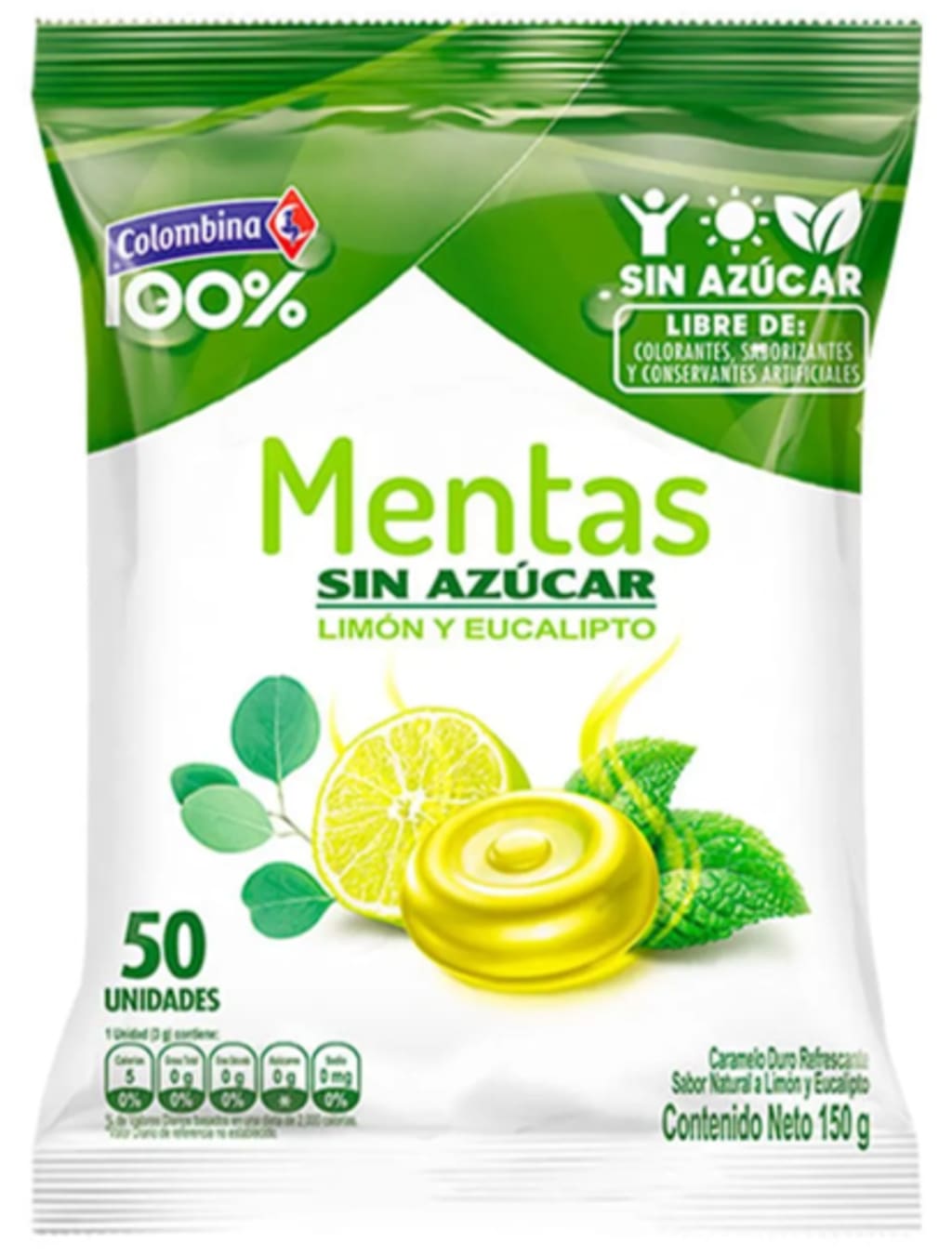 CONFITE MENTA COLOMBINA 100% SIN AZUCAR LIMON EUC 50 UNDS