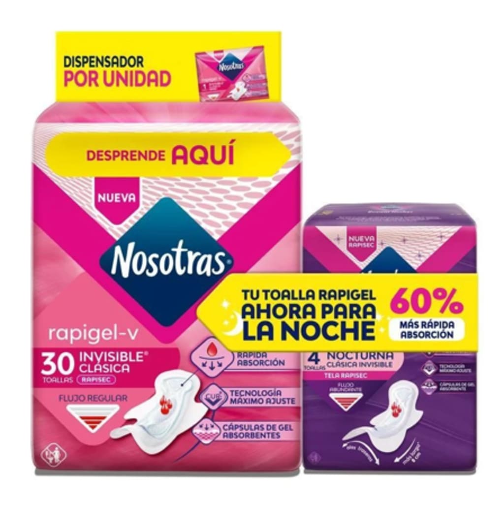 TOALLA NOSOTRAS INVISIBLE RAPIGEL 30 UNDS + 4 BNOCHES x 8