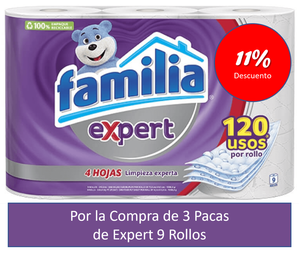 3 PACAS PAPEL FAMILIA EXPERT 32 MTS x 9 ROLLOS x 4 (11% DCT)