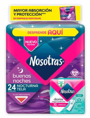 TOALLA NOSOTRAS BUENAS NOCHES NOCTURNA TELA 24 + 12 PLG x 12
