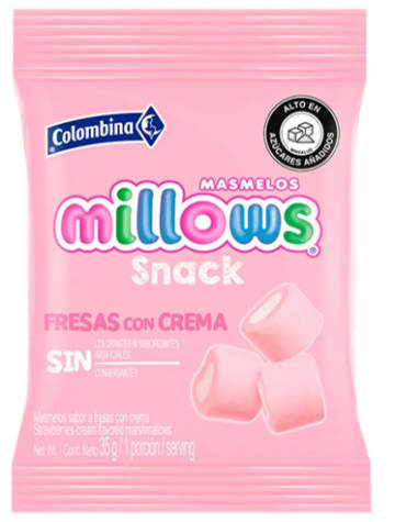 MASMELOS MILLOWS SNACK FRESAS CON CREMA 35 GRS