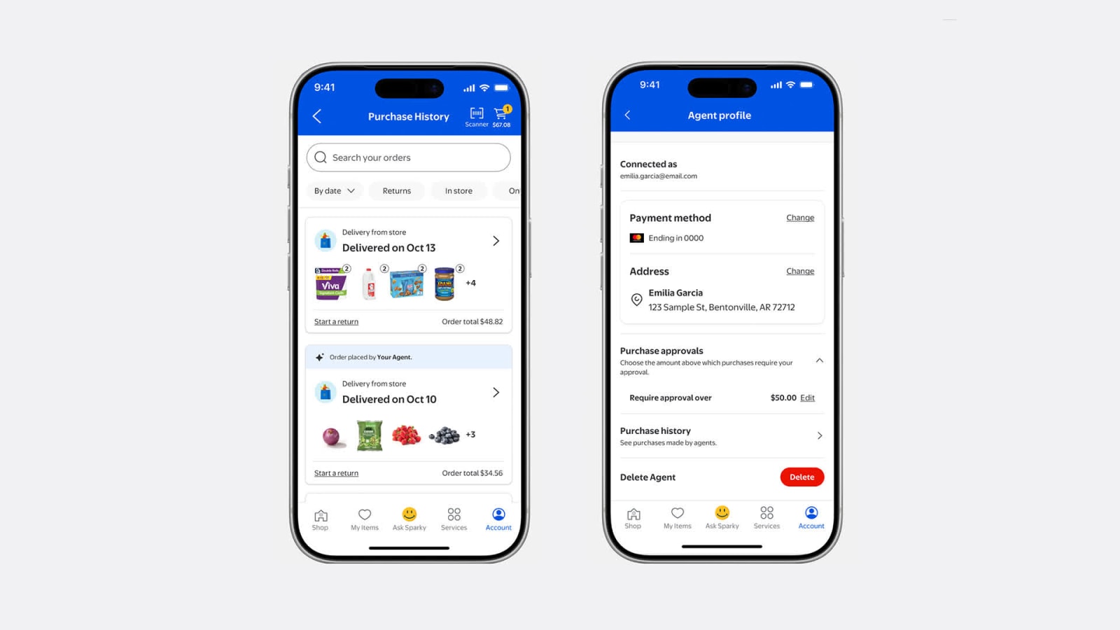 Maqueta de la app de Walmart con el historial de compras y un perfil de agente con aprobación de compras por encima de 50 dólares