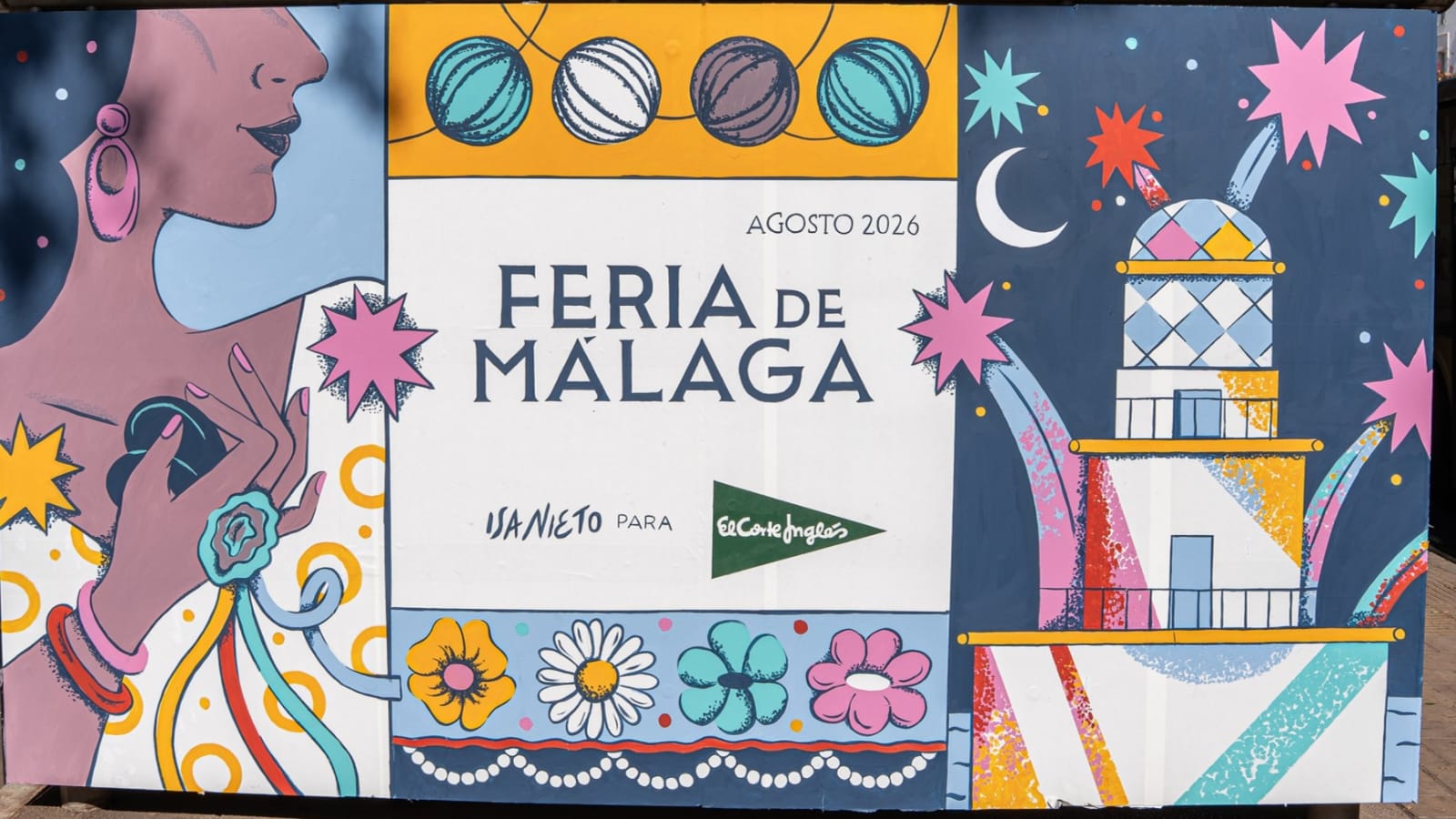 La marquesina de la Alameda Principal de Málaga intervenida con la ilustración de Isa Nieto para El Corte Inglés