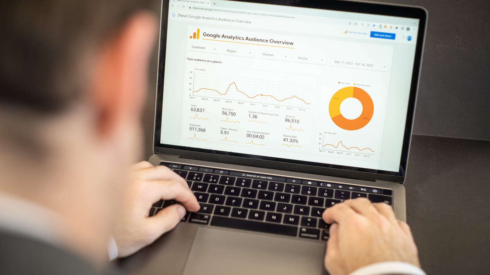 Una persona revisa en la pantalla de un portátil un panel de analítica web con gráficos de usuarios y sesiones
