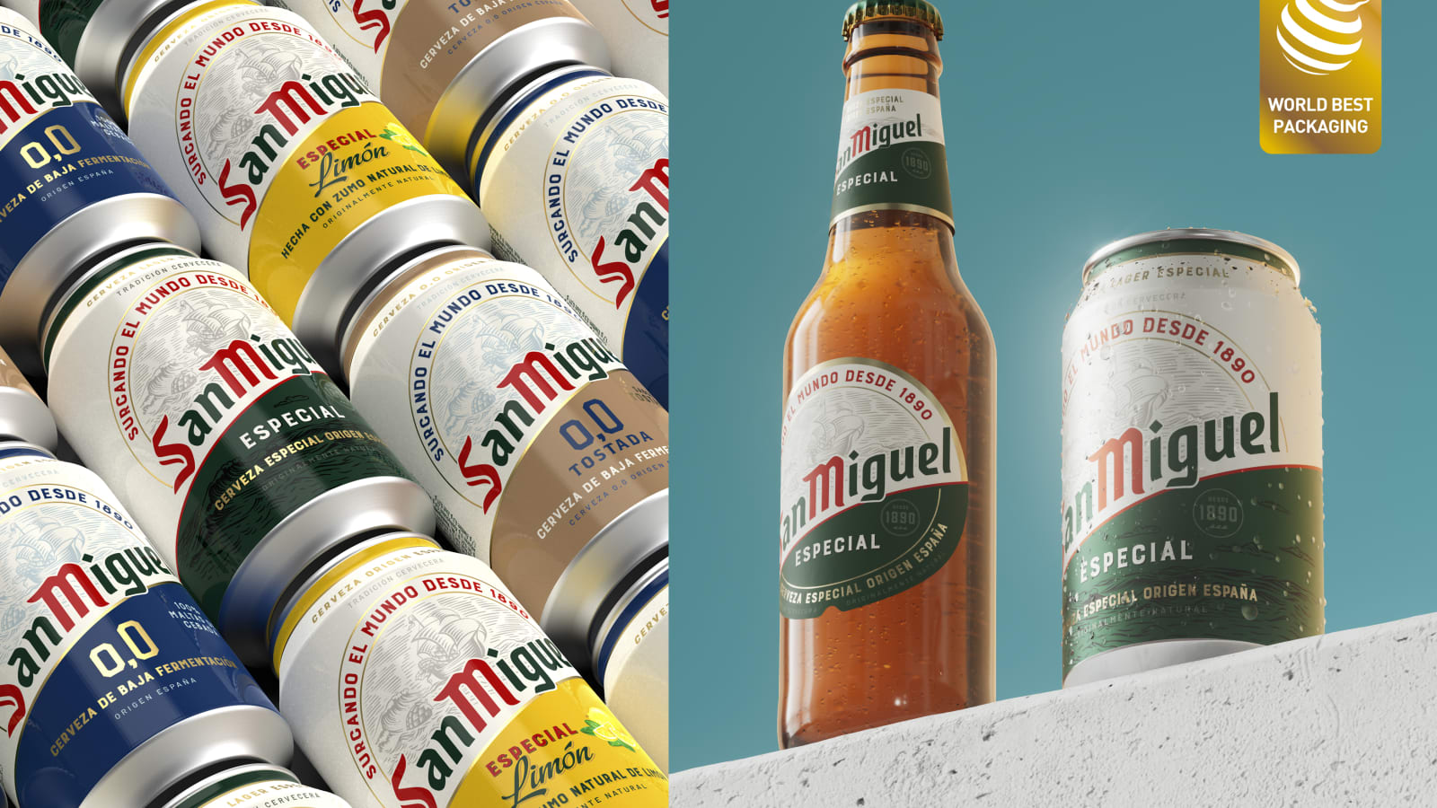 Latas y botellas de San Miguel con la nueva identidad visual, mostrando el barco histórico, el bloque de color verde y la diagonal de la marca