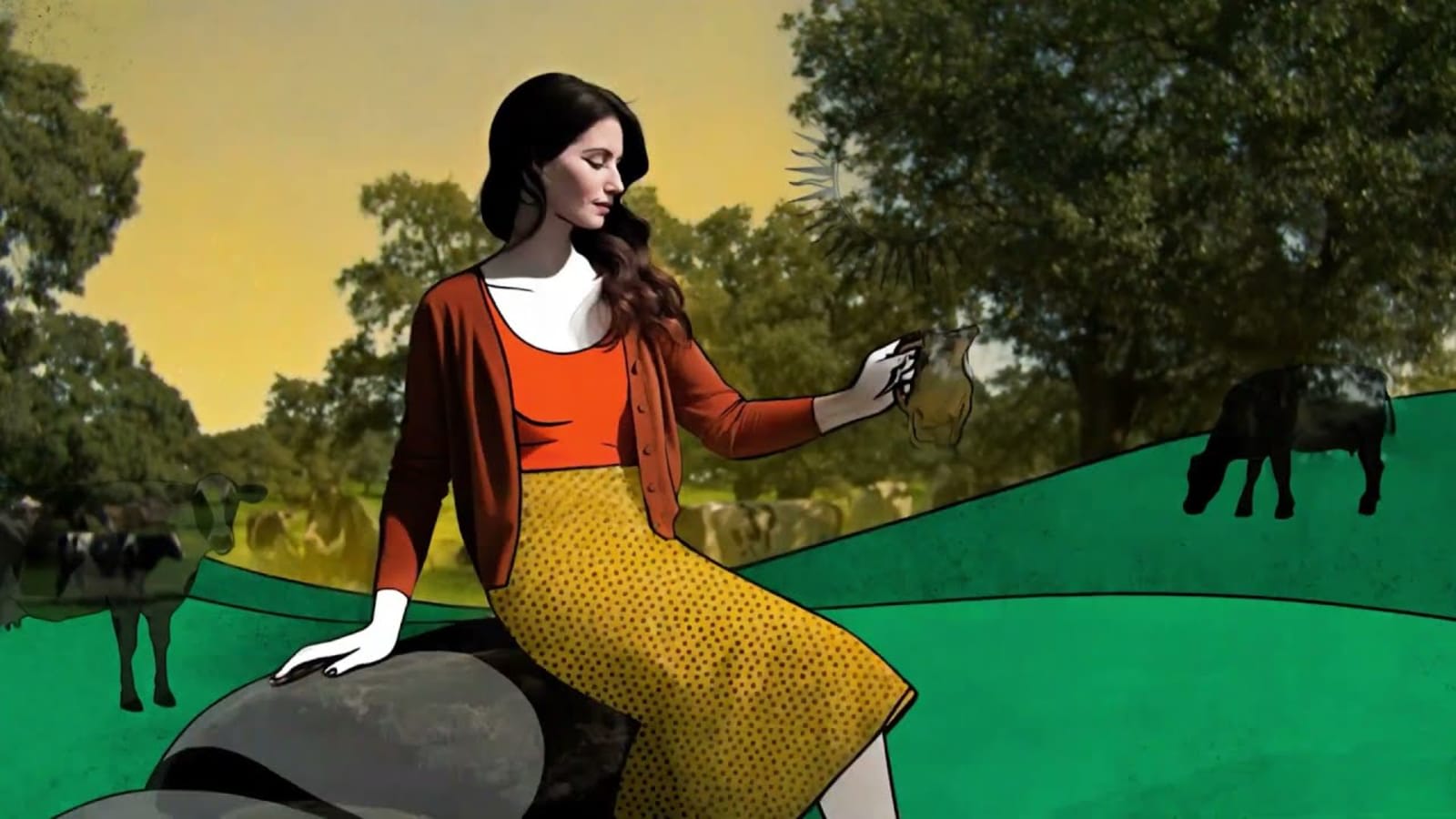 Fotograma ilustrado del spot de COVAP: una mujer sentada sobre una piedra sostiene una jarra en una dehesa verde con vacas pastando