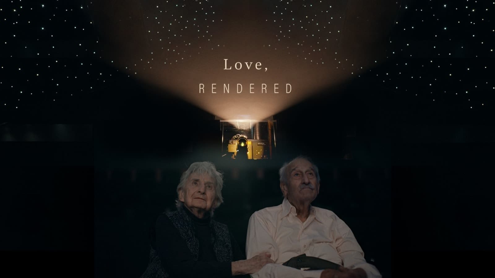 Una pareja de ancianos sentada de la mano frente a un proyector de cine que ilumina un techo estrellado