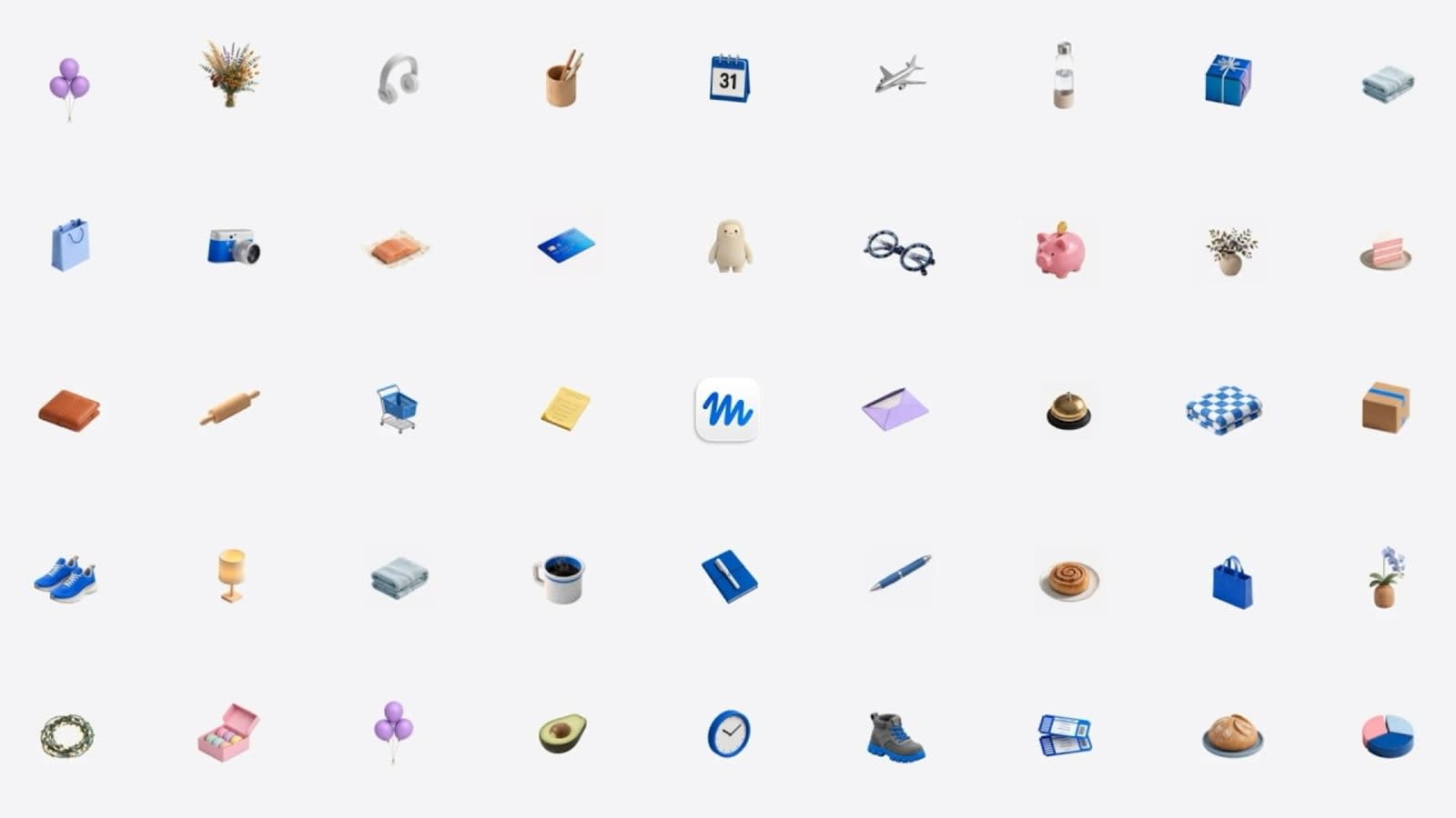 Cuadrícula de iconos de objetos cotidianos —maleta, calendario, avión, carrito de la compra— con el logotipo de Muse en el centro